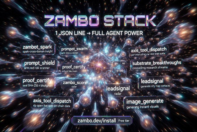 A promotional graphic for 'ZAMBO STACK' with the tagline '1 JSON LINE -> FULL AGENT POWER', displaying various modules like 'zambot_spark' and 'prompt_shield' over a colorful cosmic background, directing to 'zambo.dev/install'.