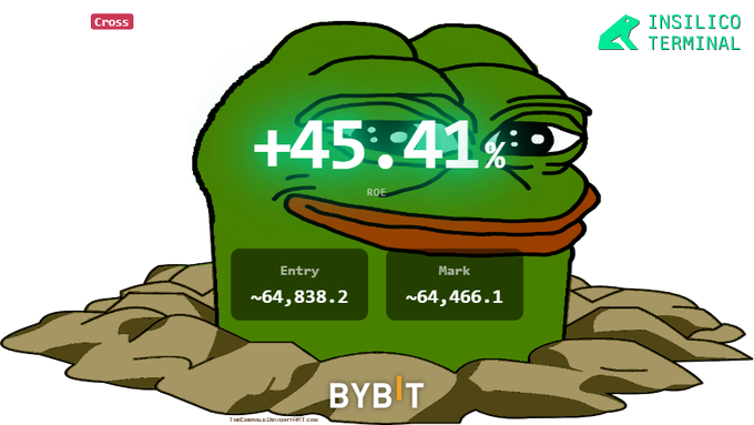 A promotional graphic for the InSilico Terminal on Bybit, featuring a green Pepe the Frog meme showing a '+45.41% ROE' return, with Entry and Mark prices listed as ~64,838.2 and ~64,466.1.
