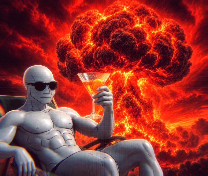 A 3D-rendered muscular man in sunglasses lounges casually while holding a martini glass, with a massive fiery mushroom cloud explosion erupting in the background.