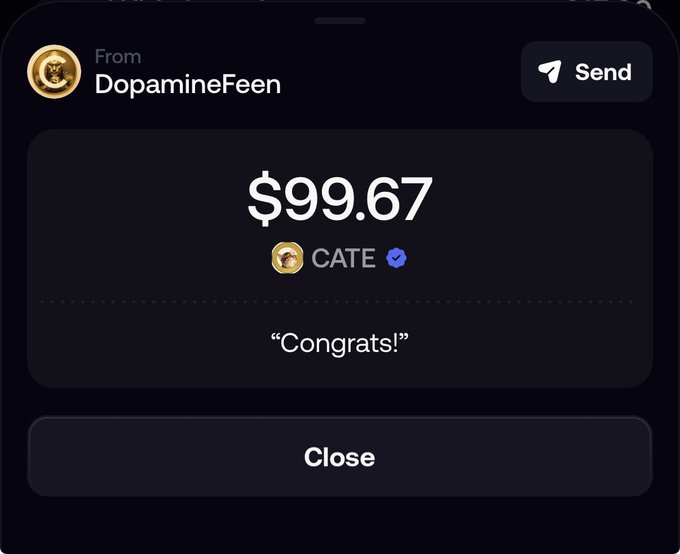 A screenshot of a $99.67 CATE token receipt sent from "DopamineFeen" with the message "Congrats!" accompanies the post, where the user thanks @travladd and the $CATE community for their daily spaces that led to winning this prize.