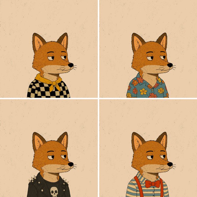 A four-panel illustration of the same anthropomorphic fox character with a smug expression, each panel showing a different outfit: checkered shirt, floral shirt, punk jacket with skull, and striped shirt with suspenders and bow tie.