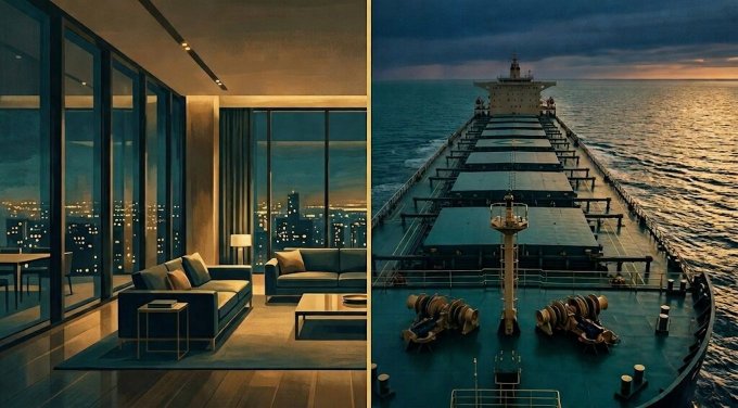 A side-by-side image showing a modern, dimly lit living room with floor-to-ceiling windows overlooking a city skyline on the left, and a large cargo ship sailing across the open ocean at dusk on the right. The contrast highlights the post's message about "Ethra Ship Protocol" and how investors overlook the opportunity to earn passive cash flow through cargo chartering—a tangible, asset-backed investment tied to the maritime shipping industry that resembles the scale of the vessel shown.