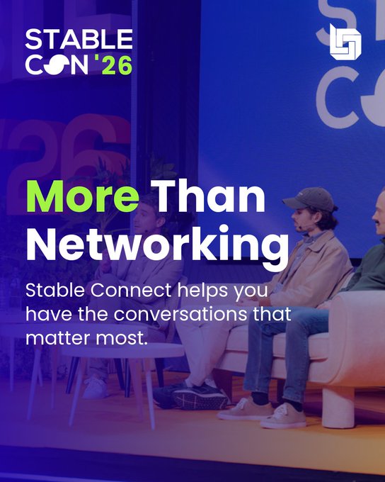 A promotional graphic for **Stable Con '26** featuring the headline "More Than Networking" with the tagline "Stable Connect helps you have the conversations that matter most." The background shows a panel discussion with seated speakers on stage, matching the post's excitement about the upcoming event focused on crypto, payments, and stablecoins.