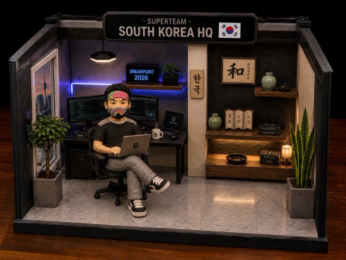A diorama-style display labeled 'SUPERTEAM SOUTH KOREA HQ' featuring a figurine of a person working on a laptop in a detailed office setup with Korean cultural elements.