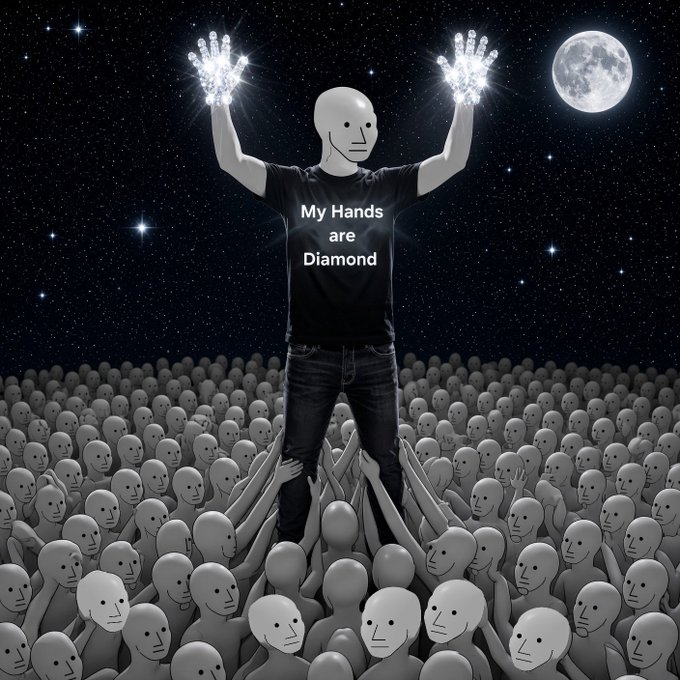 A digital artwork featuring a figure with glowing diamond hands and a 'My Hands are Diamond' t-shirt, surrounded by a crowd of mask-like faces under a moonlit starry sky.