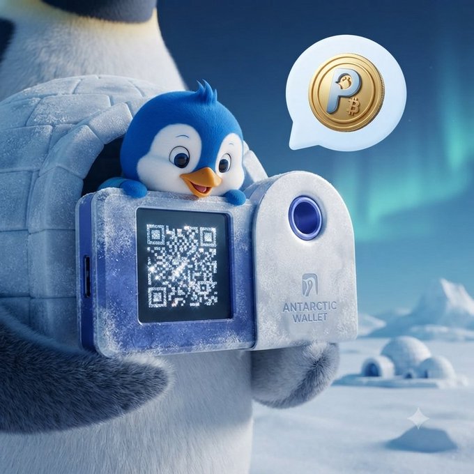 A promotional image for "ANTARCTIC WALLET" featuring a blue penguin emerging from a device displaying a QR code, with a gold "P" coin (likely PENGU) floating in a speech bubble against an icy background.