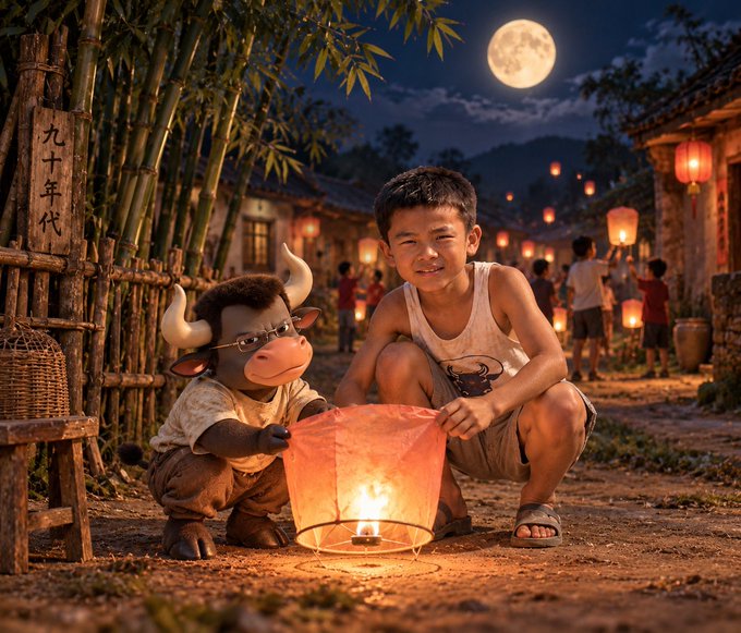 A young boy and an anthropomorphic cow character crouch together releasing a glowing paper lantern at night in a Chinese village setting, with Chinese characters '九十年' visible on a wooden sign.