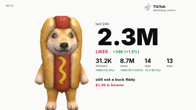 A TikTok analytics screenshot for user @hotdog_costco showing 2.3M likes in the last 24 hours, 31.2K followers, and 8.7M views, featuring an avatar of a Shiba Inu dressed as a hot dog with the caption "still not a buck fiddy, $1.50 is forever."