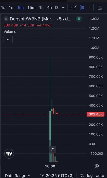A TradingView chart for the token 'Dogshit/WBNB' showing a 5-minute price chart with a current price of 1.30M, down 14.37K (-4.44%), with volume displayed at 309.48K.