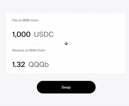 A digital swap interface showing an exchange of 1,000 USDC to 1.32 QQb on the BNB Chain, with a 'Swap' button below.