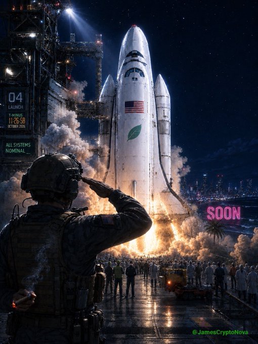 A digital artwork showing a soldier saluting a NASA-style rocket launch at night with a 04-day countdown timer and 'SOON' text, signed @JamesCryptoNova.
