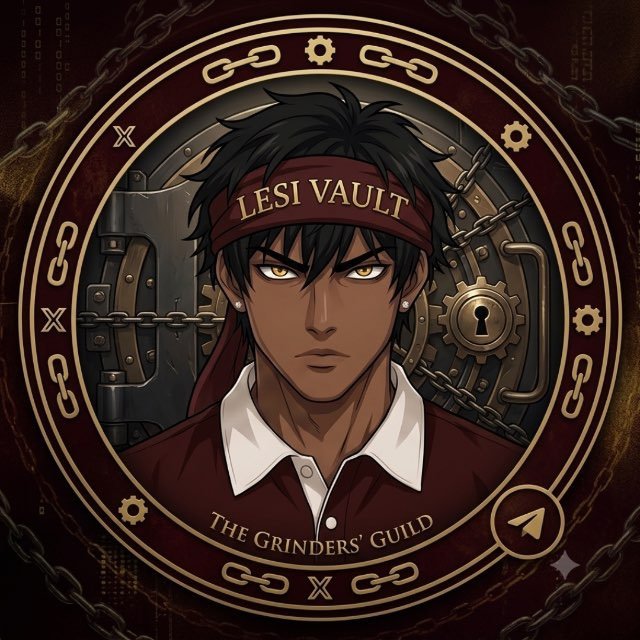 An anime-style digital illustration featuring a dark-skinned male character with spiky black hair, yellow eyes, and a red headband reading 'LESI VAULT', set against an ornate vault door background with chains, gears, and the text 'THE GRINDERS' GUILD'.