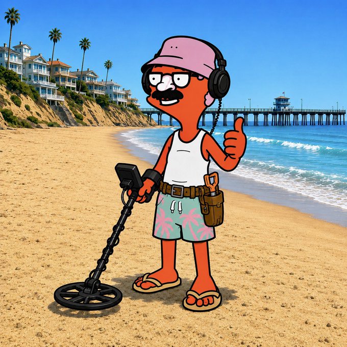 A cartoon illustration of a red-skinned character with a mustache, wearing a pink bucket hat, headphones, and tropical shorts, holding a metal detector on a beach near a pier.