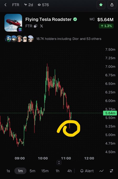 A candlestick price chart for the token "FTR Flying Tesla Roadster" showing a market cap of $5.64M with a hand-drawn yellow spiral on the chart.