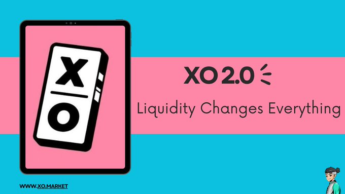 An advertisement graphic with a blue and pink background displays a smartphone-like device with 'XO' and the text 'XO 2.0', 'Liquidity Changes Everything', and the website 'WWW.XO.MARKET'.
