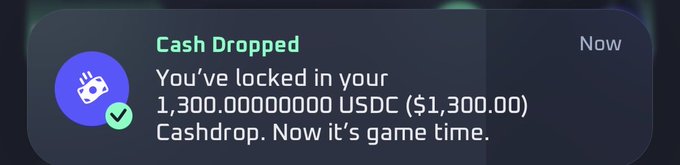 A phone notification titled "Cash Dropped" announces that a 1,300,000,000,000 USDC ($1,300.00) Cashdrop has been locked in, playfully tying into the post's "Sweet stimmy" celebration of the stimulus-like reward.
