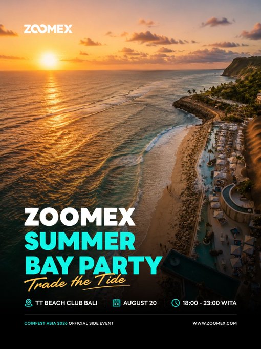 A promotional poster for the "ZOOMEX SUMMER BAY PARTY" set against a stunning aerial sunset view of TT Beach Club Bali, with text indicating "Trade the Tide" and event details for August 20, 18:00–23:00 WITA as an official side event of Coinfest Asia 2026.