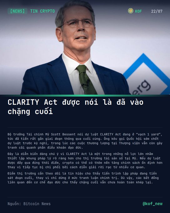 A Vietnamese news graphic titled '[NEWS] TIN CRYPTO' discussing the CLARITY Act, featuring a photo of U.S. Treasury Secretary Scott Bessent.