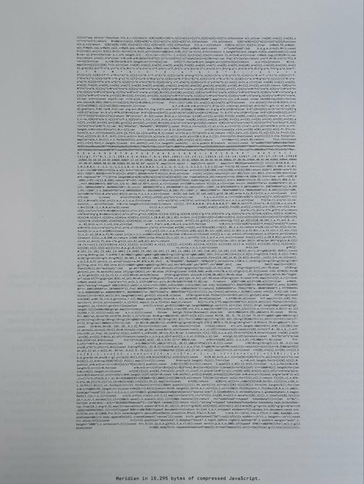 The image shows a dense, rectangular block of compressed JavaScript code with the caption "Meridian in 15.295 bytes of compressed JavaScript" beneath it. This relates to the post about the generative art piece "Meridian" by Matt DesLauriers (@mattdesl), which has been acquired by the V&A's permanent collection—demonstrating how 15 kilobytes of code can generate a wide variety of artistic outputs.