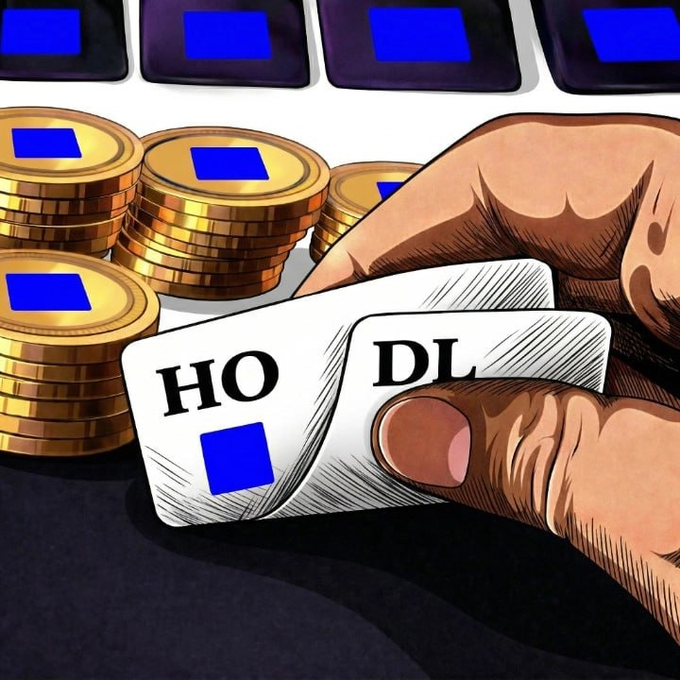 A comic-style illustration showing a hand holding two paper slips with the text 'HO' and 'DL' visible, alongside stacks of gold coins and dark cards with blue squares in the background, suggesting a digital betting or wagering scene.