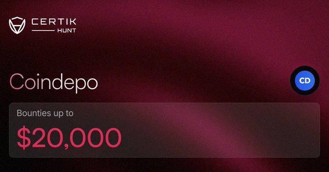 A promotional graphic for CertiK Hunt featuring the token 'Coindepo' with bounties up to $20,000 displayed in pink text on a dark red background.