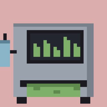 A pixel art illustration depicts a gray machine with a bar graph on screen and green paper/notes sticking out, set against a pink background.