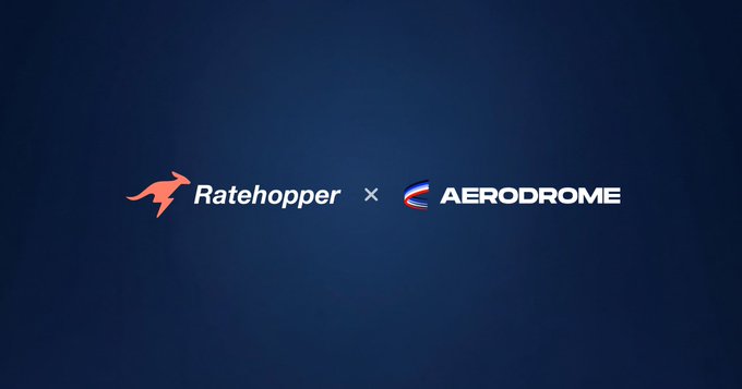 A dark blue graphic displaying two logos side by side: 'Ratehopper' (with a red fox icon) and 'AERODROME' (with a stylized 'C' logo), separated by an 'x'.