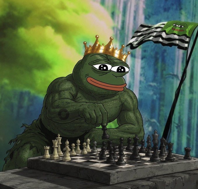 A muscular Pepe the Frog wearing a golden crown plays chess, with a flag bearing his face waving in the background.