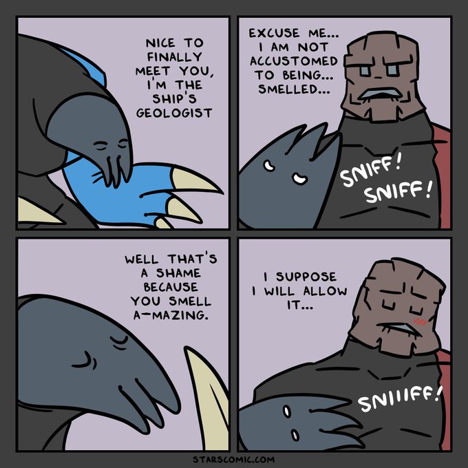 A four-panel comic from starscomic.com featuring a ship's geologist character, with dialogue including 'NICE TO FINALLY MEET YOU, I'M THE SHIP'S GEOLOGIST,' 'EXCUSE ME... I AM NOT ACCUSTOMED TO BEING... SMELLED...,' 'WELL THAT'S A SHAME BECAUSE YOU SMELL A-MAZING,' and 'I SUPPOSE I WILL ALLOW IT...'