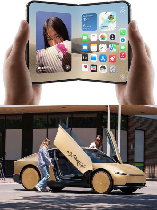 Hands holding a tri-fold smartphone displaying a home screen, shown above a gold Cybertruck-style vehicle with scissor doors open.