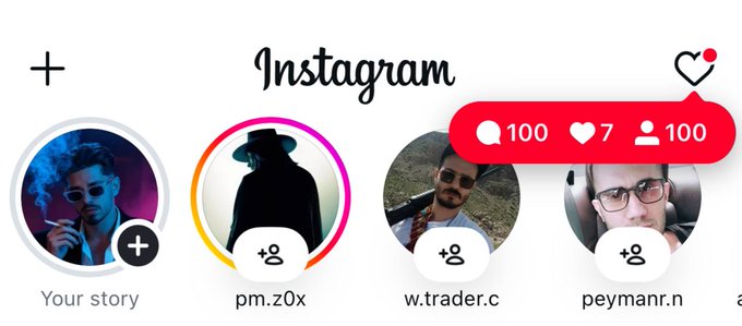 The image shows the Instagram stories interface at the top of a feed, displaying "Your story" alongside users "pm.z0x," "w.trader.c," and "peymanr.n," with a red notification badge showing "100 comments, 7 likes, 100 followers" hovering over one of the avatars. This relates to the post by suggesting that one of these accounts belongs to blknoiz06, the tagged creator whose Reel about $ANSEM has gone viral, with the engagement metrics reflecting the rapid growth of his audience.
