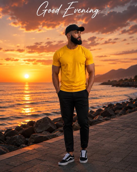 A man in a yellow t-shirt, black pants, and a black cap stands by the sea at sunset with 'Good Evening' written across the top.
