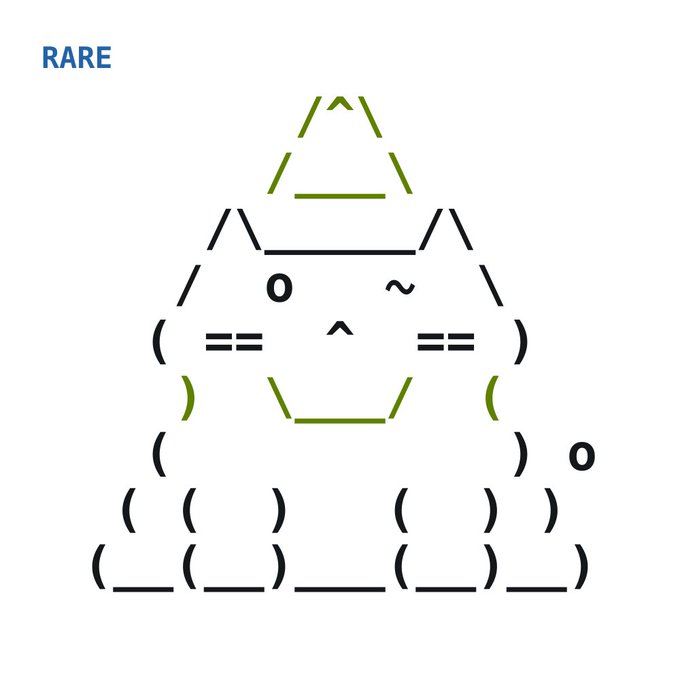 The image displays an ASCII art cat wearing a hooded outfit with the text "RARE" in blue in the upper left corner, which corresponds to the post's description of ASCII cats being offered as free NFTs with various rarity tiers on OpenSea.