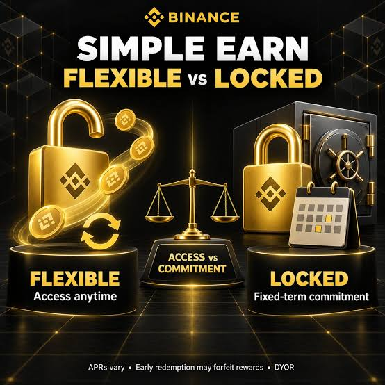 A Binance 'Simple Earn: Flexible vs Locked' promotional graphic comparing access and commitment options with padlock imagery.