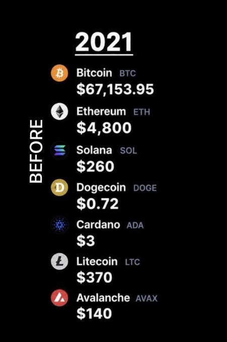 A cryptocurrency price comparison graphic showing 'BEFORE 2021' prices for Bitcoin (BTC) at $67,153.95, Ethereum (ETH) at $4,800, Solana (SOL) at $260, Dogecoin (DOGE) at $0.72, Cardano (ADA) at $3, Litecoin (LTC) at $370, and Avalanche (AVAX) at $140.