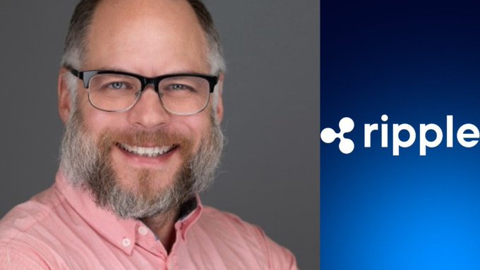 The image shows a smiling, bearded man wearing glasses and a pink shirt on the left, alongside the Ripple logo on the right against a blue gradient background. This appears to support the caption about former Ripple engineer Matt Hamilton, visually identifying him as the person commenting on the XRP Ledger's foresight regarding today's OpenUSD initiative.