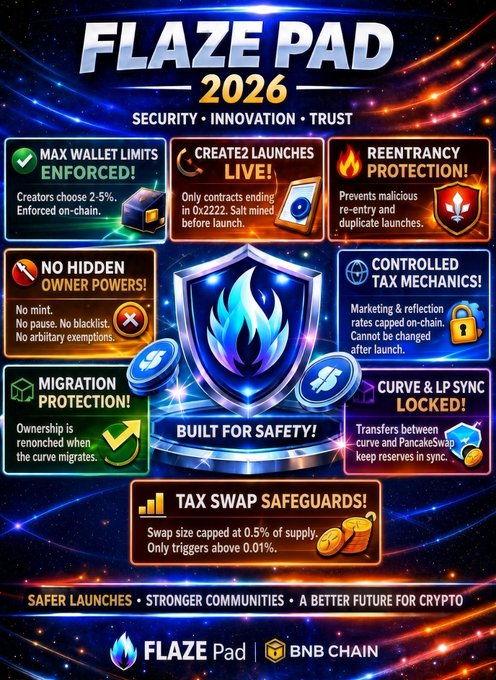 A promotional poster for "FLAZE PAD 2026" featuring security, innovation, and trust features including max wallet limits, reentrancy protection, controlled tax mechanics, and migration protection on BNB Chain.