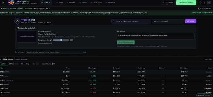 A screenshot of a cryptocurrency website, showing a token replay tool and a market monitor with various coins like BTC, ETH, and SOL, with the XIO2 Agency logo in the top left.
