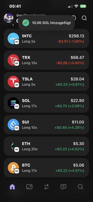 The image shows a screenshot of an iPhone screen displaying the settings for an online trading platform called Long 10x, which lists various cryptocurrency options including Bitcoin, ether, Solana (SOL), and other digital assets. A message box appears on the screen, stating that the user has been rewarded with a 10,8 Sol. This implies that the user has successfully completed some tasks or transactions on the trading platform and gained a certain amount of reward in return. The image also includes a reference to "Long 10x" as well as an explanation of what the rewards are for various activities on the platform.