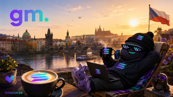 A relaxed cartoon mascot wearing Solana-branded clothing and sunglasses lounges with a laptop and coffee, with 'gm.' and 'solanacze' text visible against a sunset cityscape.