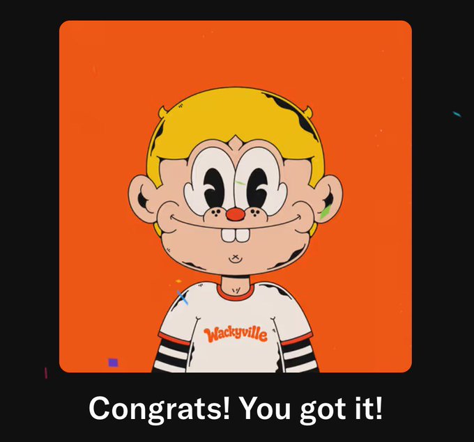 A cartoon character with blonde hair and two buck teeth wears a "Wackyville" t-shirt against an orange background, with "Congrats! You got it!" displayed below—celebrating a successful NFT mint from the Wackyville collection.