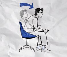 A simple illustration on a crumpled paper background showing a person sitting on a blue office chair being pushed from behind by a transparent ghost-like figure, with a blue arrow indicating the forward direction.