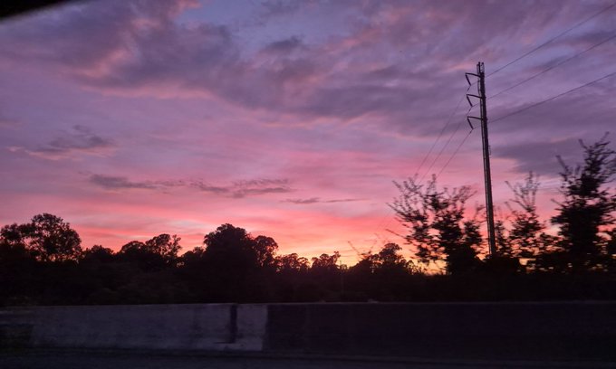 A vibrant pink and purple sunset sky above a silhouette of trees and a power line.