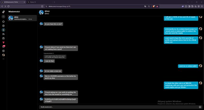 A Discord chat between users 'ajiesp' and 'Wiadomosci' on TikTok features a conversation in Polish about using a Sony A7IV camera to shoot 100fps video in Game Vsync mode.