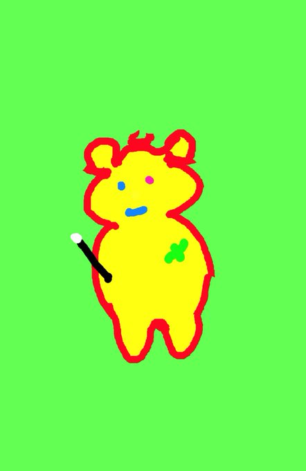 A child's drawing of a yellow bear-like character with blue and pink facial features, holding a black magic wand, on a bright green background.