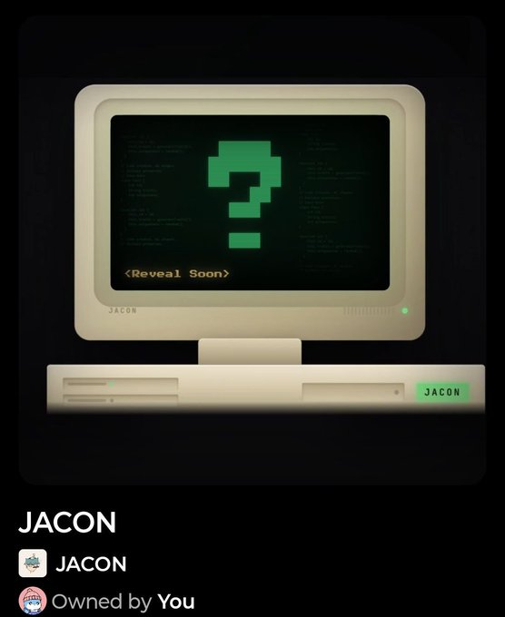 A vintage CRT computer shows a green pixelated question mark with "<Reveal Soon>" text and the "JACON" branding, suggesting anticipation of an upcoming project announcement from @JaconLab that has already surged nearly 4x from $6 to $26.