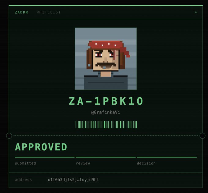 Digital approval card showing a pixel art character with red bandana, 'ZA-1PBK10' ID, '@GrafinkaVi' username, 'APPROVED' status, and address 'u1f0h3djls5j_tuyjd9hl'.