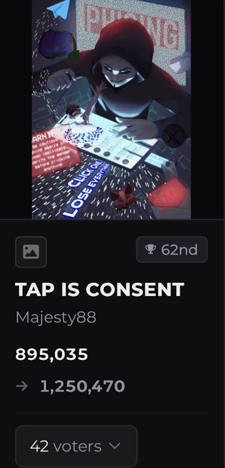 A screenshot of a trading interface titled 'TAP IS CONSENT' by user Majestys88, ranked 62nd, showing 895,035 trending up to 1,250,470 from 42 voters.