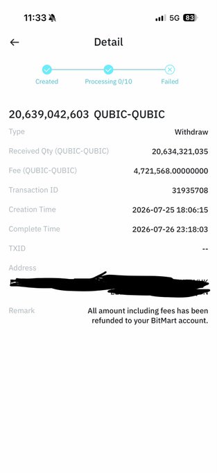 A mobile screenshot showing a failed withdrawal transaction of 20,639,042,603 QUBIC-QUBIC with the remark: 'All amount including fees has been refunded to your BitMart account.'