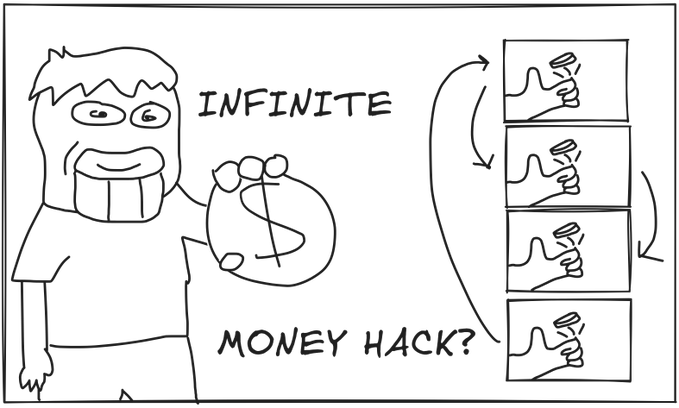 A cartoon drawing depicts a grinning character holding a money bag labeled 'INFINITE' and offering a 'MONEY HACK?' that loops a gesture of giving money between four identical panels on the right.